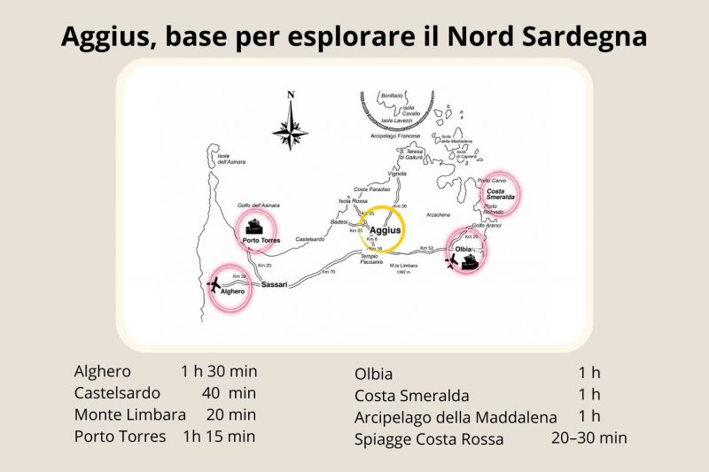 Cartina del Nord Sardegna con Aggius al centro e tempi di percorrenza verso Costa Smeralda, Arcipelago della Maddalena, Alghero e Castelsardo